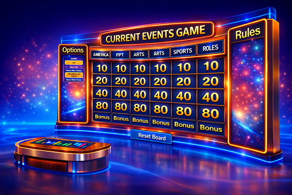 Primer interactive current events game board for grades 3 through 5