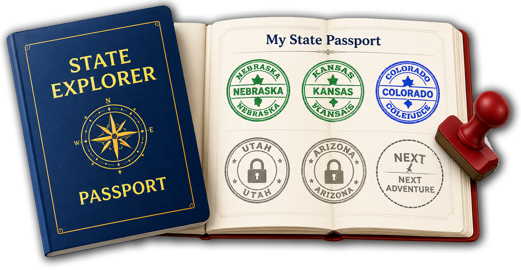 State Explorer passport preview with collected state stamps